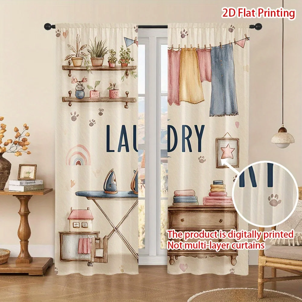 Laundry Room Curtain, Cute Ironing Board Hanging Clothes Print Drape, Farmhouse Utility Window Treatment for Home Decor