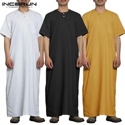 INCERUN-Robe Longue à Manches Courtes et Col Rond pour Homme, Vintage, Couleur Unie, Document, Musulman, Kaftan, Chemises sulfDécontractées, Jubba Thobe