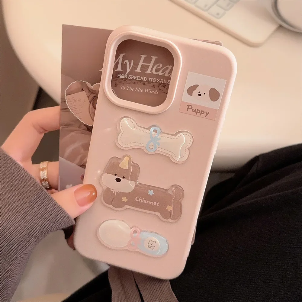 Funny puppy gift bone toy Gentle Pink Phone Case For iPhone 17 16 15 14 13 12 Pro Max Case Cute Cartoon luxury shockproof Cover