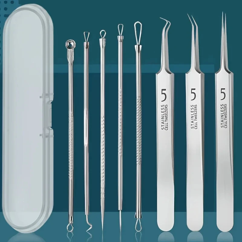 Kit Removedor de Cravos em Aço Inoxidável, Conjunto Profissional de Extratores de Espinhas de 3, 5 e 8 Peças para Extração de Acne e Imperfeições