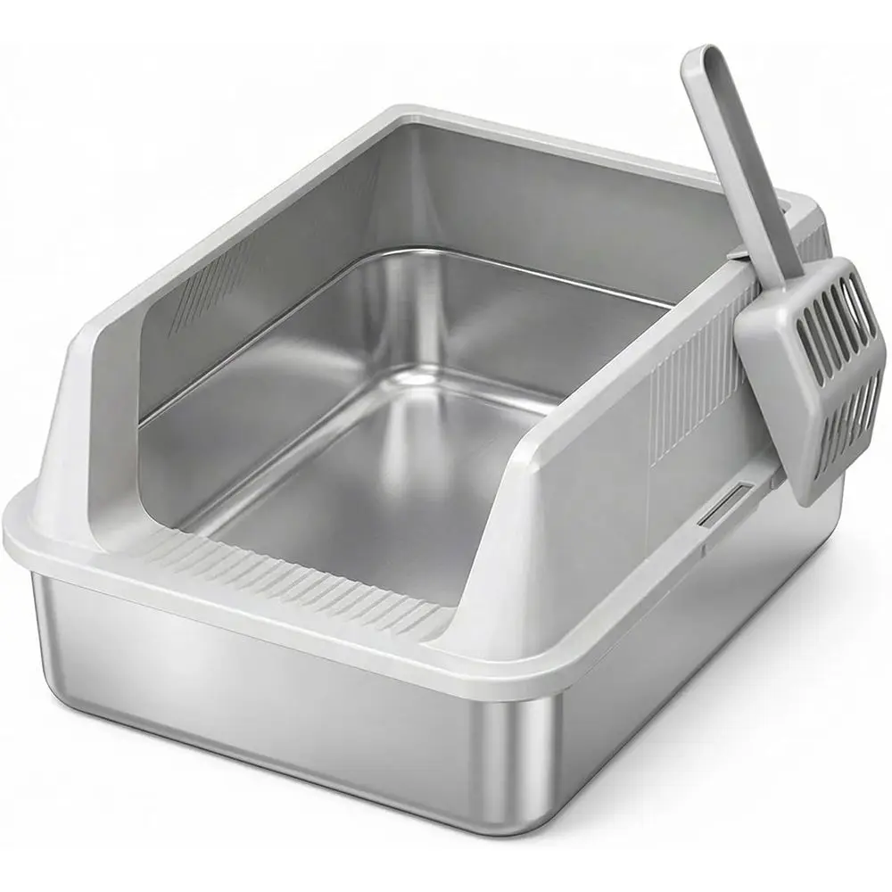 

Маленький металлический лоток для кошек с высокими бортиками, верхним входом, нескользящим основанием, защитой от протекания, легко чистится, 17.7x13.8x8.3, серый