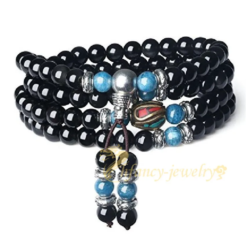 

6mm Obsidian 108 Buddha Beads Bracelet Trendy Party Buddhist Beaded Bohemian Bangle Karma Health Wrap Stackable Mala Men