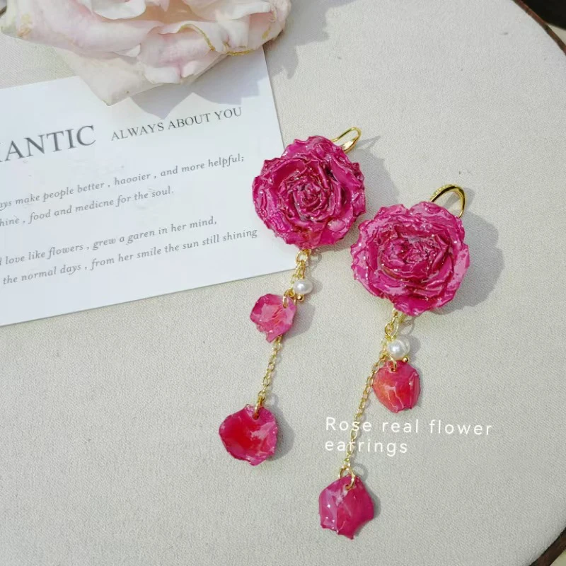 

Elegant Immortal Rose Long Earrings Handmaking Epoxy Resin Natural Rose Flower Earrings Unique Plant Earrings Jewelry Wholesale