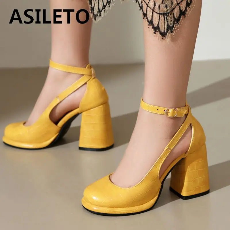 ASILETO Fashion Women Pumps 32 33 Round Toe Block Heels 9cm Platform Ankle Buckle Strap Big Size 42 43 Sexy Dating Shoes