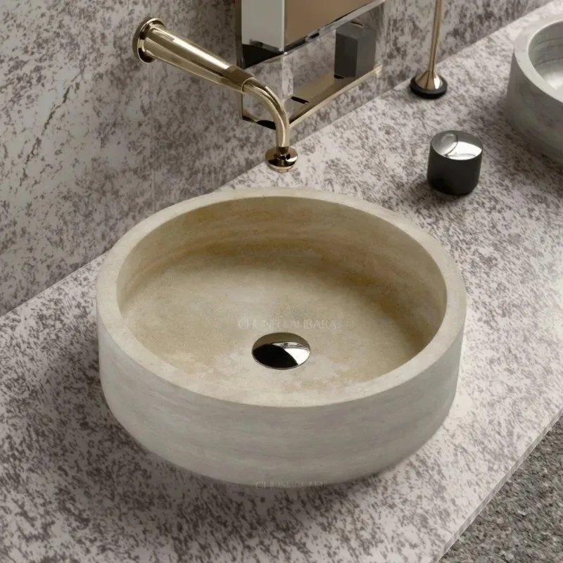 

Custom Hotels Villas Apartments Beige Polished Natural Travertine Marble Bathroom Furniture Countertop Wash Basin