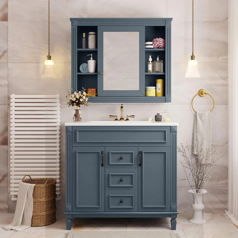 Bathroom Vanity, 36-inch Bathroom Vanity Cabinet with Matching Mirror Medicine Cabinet, Bathroom Storage Cabinet with Sink Top