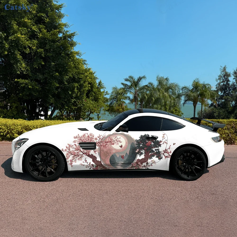 2pcs Tai Chi Cherry Blossom Tree Car Side Sticker Decor, PVC Waterproof Scratch Resistant Decal,Car Protection, Auto Accessories