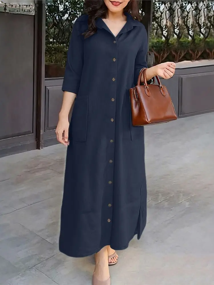 ZANZEA femmes robes longues décontractées automne 2025 col rabattu boutonné poche plaquée fente latérale chemise femme vêtements de trajet 3XL