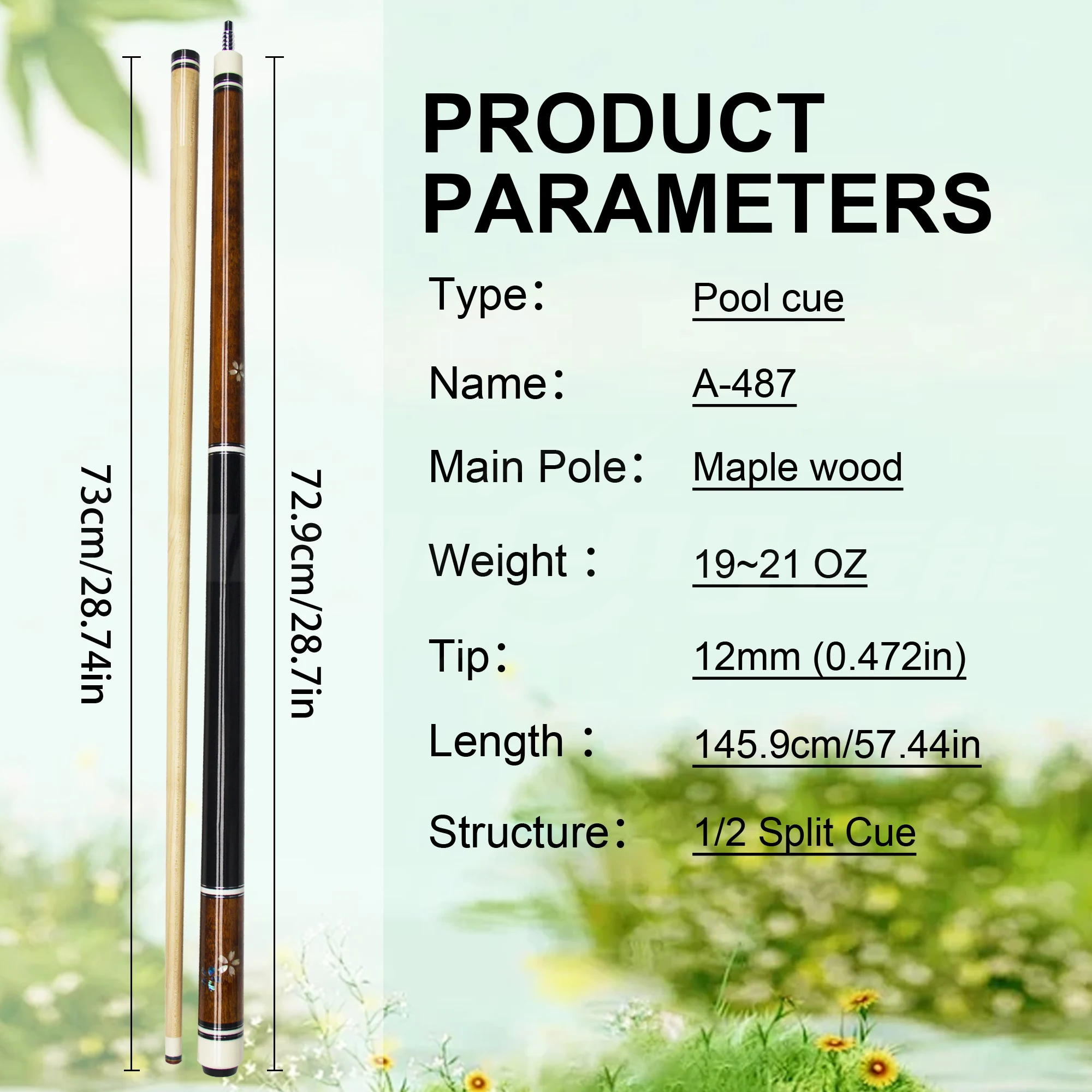 12-mm-Premium-Pool-Queue aus Ahorn, handeingelegt mit mehrschichtiger Regenbogen-Lederspitze mit Rautenmuster und UNI-LOC-Verbindung