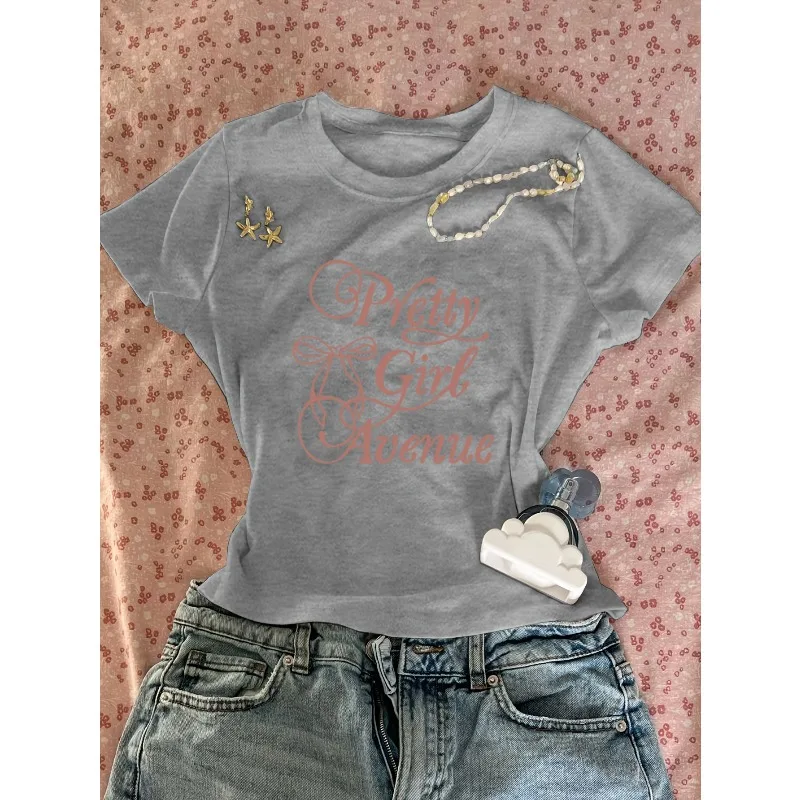 Pretty Avenue Printed Short-Sleeve T-Shirt for Women, Spring/Summer Latest Arrival, American Sweetheart Style Slim-Fit Cropped