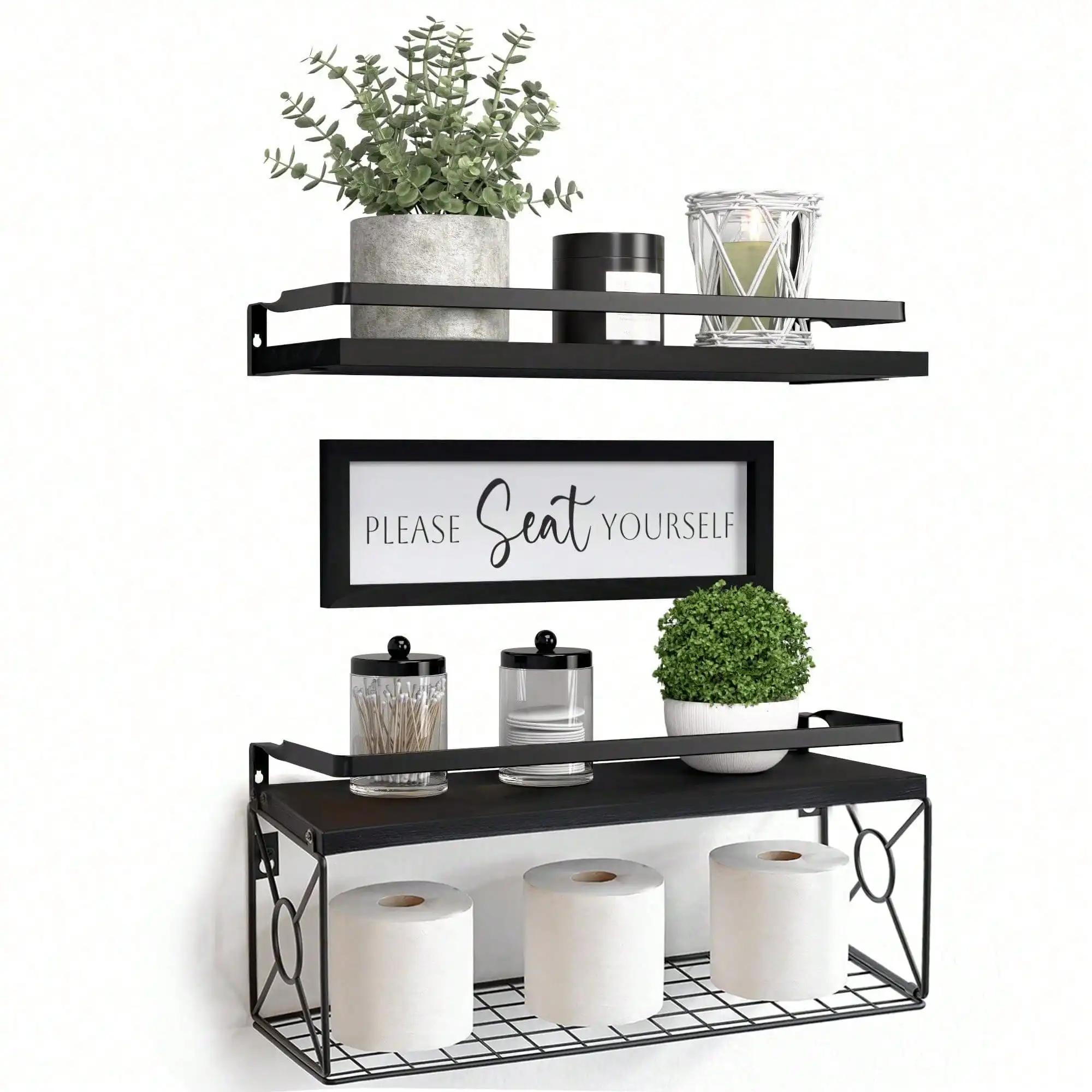 Floating Shelves Over Toilet with Storage Basket & Metal Guardrail, Wood Wall Mounted Bathroom Organizer Shelf with Paper Holder, Rustic Farmhouse Wall Decor for Bedroom, Living Room, Kitchen