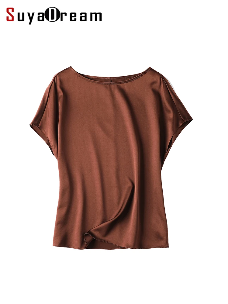 SuyaDream Woman Silk Tee 90%Silk 10%Spandex Bat Sleeved Plain O Neck T Shirt 2022 New Summer Chic Top