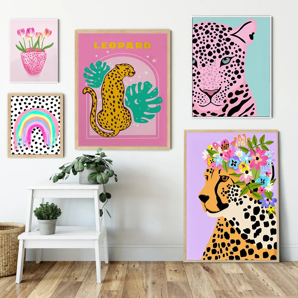 Scandinavian Modern Wall Art Cartoon Abstract Corolla Cheetah Pink Animal HD Poster Print Home Bedroom Living Room Decoration