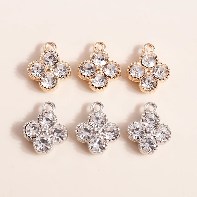 10pcs Fashion Crystal Clover Flowers Charms Pendants for Jewelry Making Gold Color Charms for Necklaces Earrings Accessories