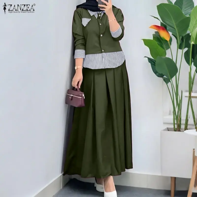 

Fashion Muslim Sets 2026 ZANZEA Spring Women Long Sleeve Shirt Dress Suit Ramadan Outfits 2 Piece Sets Patchwork Hijab Tracksuit