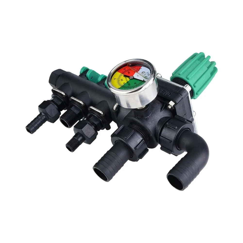 Water Distribution Manifold 3 Way Water Splitter Abs Plastic Construction Individual Shut-off Valves Built-in Pressure Gauge