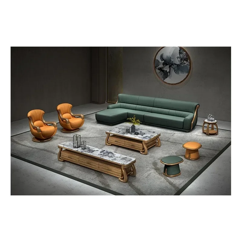 

New Chinese ebony leather sofa solid wood sofa leather cowhide modern simple villa set living room furniture