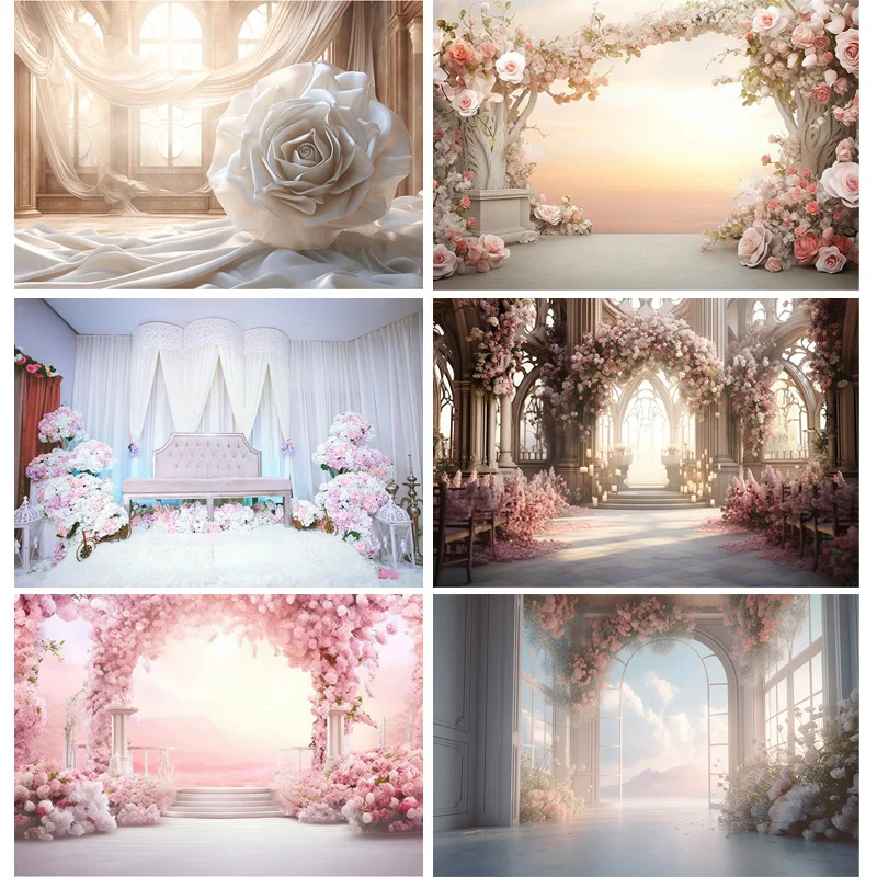 

Romantic Fantasy Wedding Gate Bouquet Photography Backdrop Props Archway With Flowers Palace Photo Studio Background HHL-02