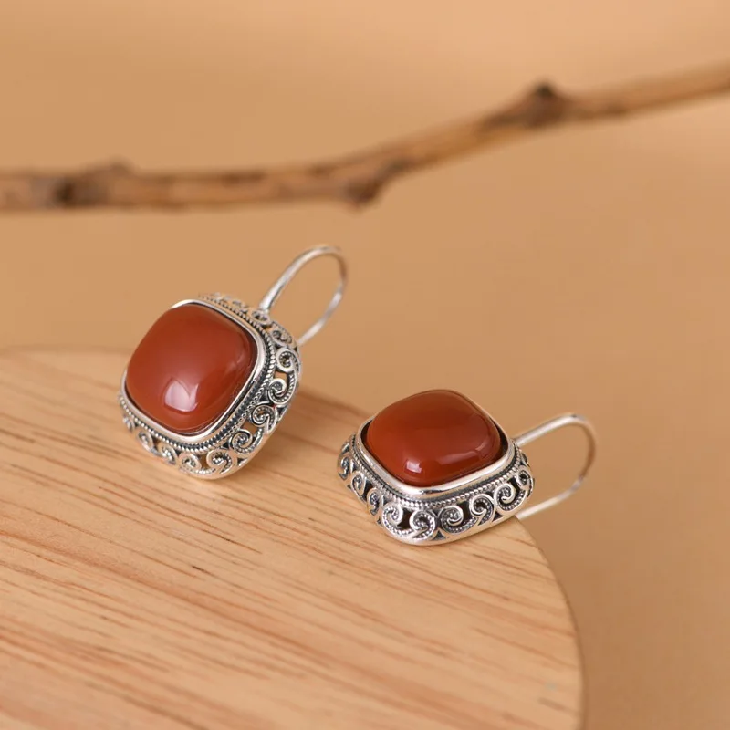 S925 Silver Fashion Grass Pattern Inlaid Agate Earrings Elegant Temperament Women's Style
