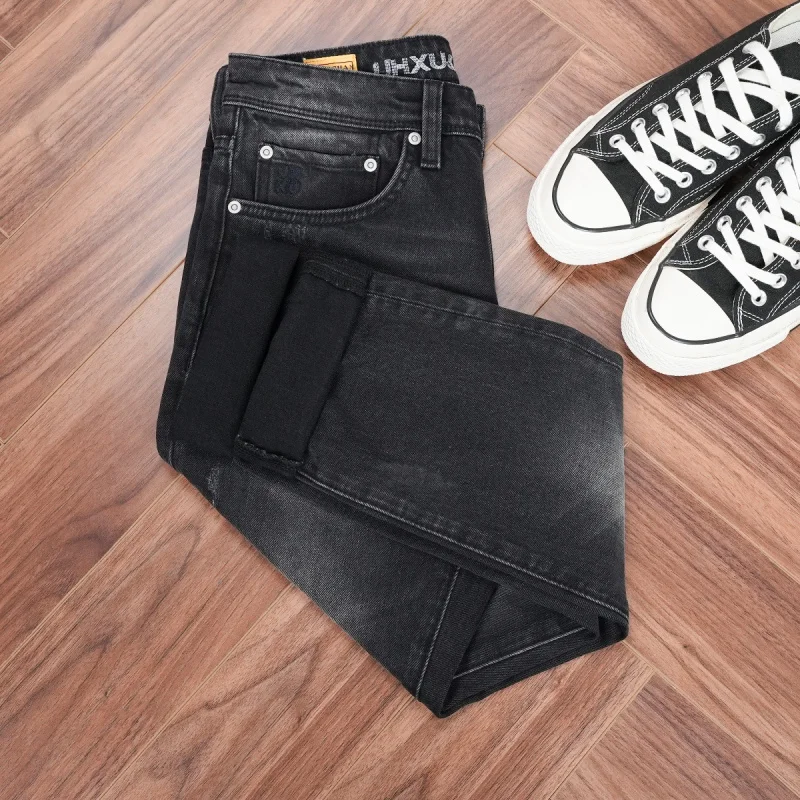 New autumn and winter men's pants, high-quality black and gray jeans, high-end, stylish, slightly stretchy, slim-fit, straight-l