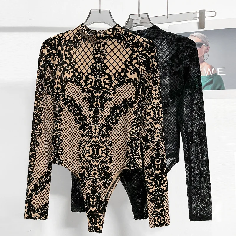 2026 Lace Base Long Sleeve Slim Fit Women's Jumpsuit Underwear T-shirt One-Piece Suit Bottoming Shirt High End Polyester Fiber