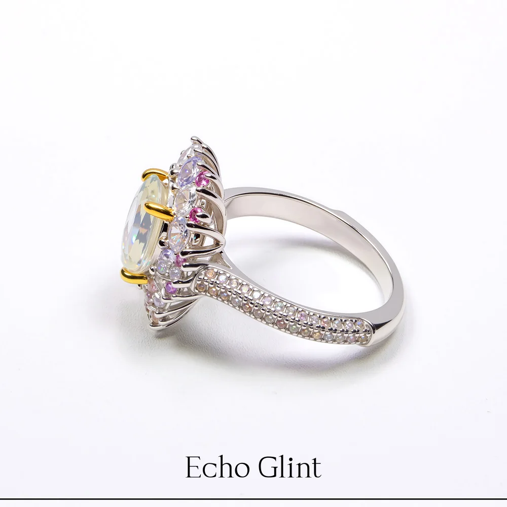    صدى جليينت 3CT مويسانيتي خواتم 925 فضة 8*10 فاخر مبالغ فيه شخصية زهرة خاتم الماس الكامل خاتم بيضاوي