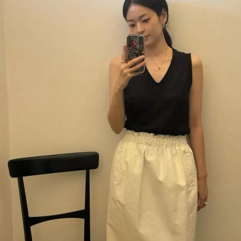 mat Pure Color Slim Fit Pleated Elastic Waist f Skirt Autumn 2025 Faion Ladies Casual Cotton Daily Wear