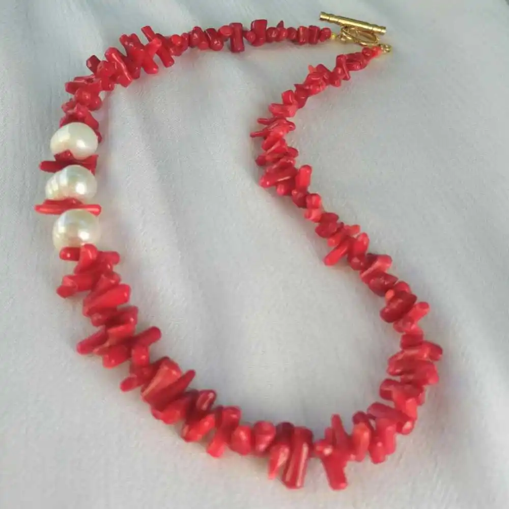 Natural Red coral branch Pearl Necklace 18 inches Necklace Chain Steel Reiki Gemstone Craft Women Chakra Pendants Charms Natural