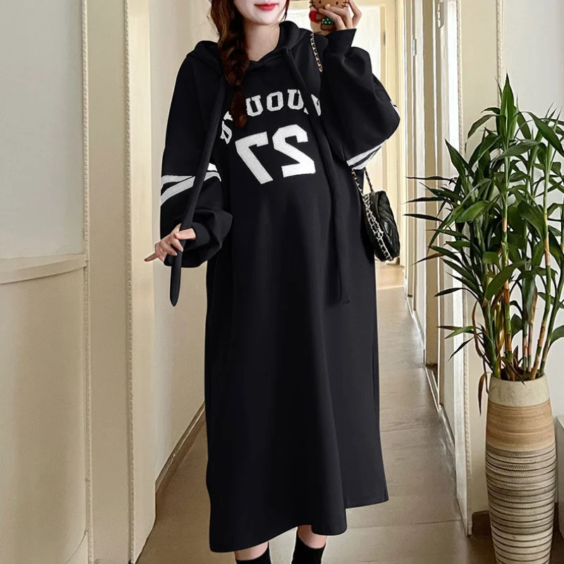 Lazy Style Women Oversized Casual Hoodie Long Dress Print Letter Autumn Winter Fashion New Female Clothing Long Sleeve Dresses
