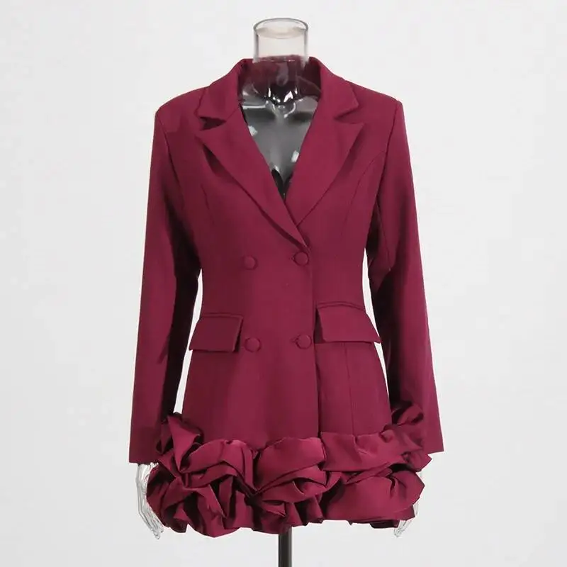 HKSH Spring Autumn New Women Blazer Dress Double Breasted Notched Collar Patchwork Ruffled Hem Elegant High-End Ins Coat HK11501