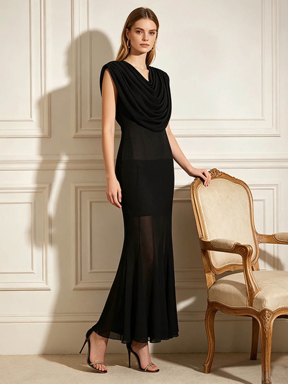 

Elegant Style Long Dress 2026 New Sleeveless Hanging Pile Collar High Waist Slimming Fish Tail Long Dress