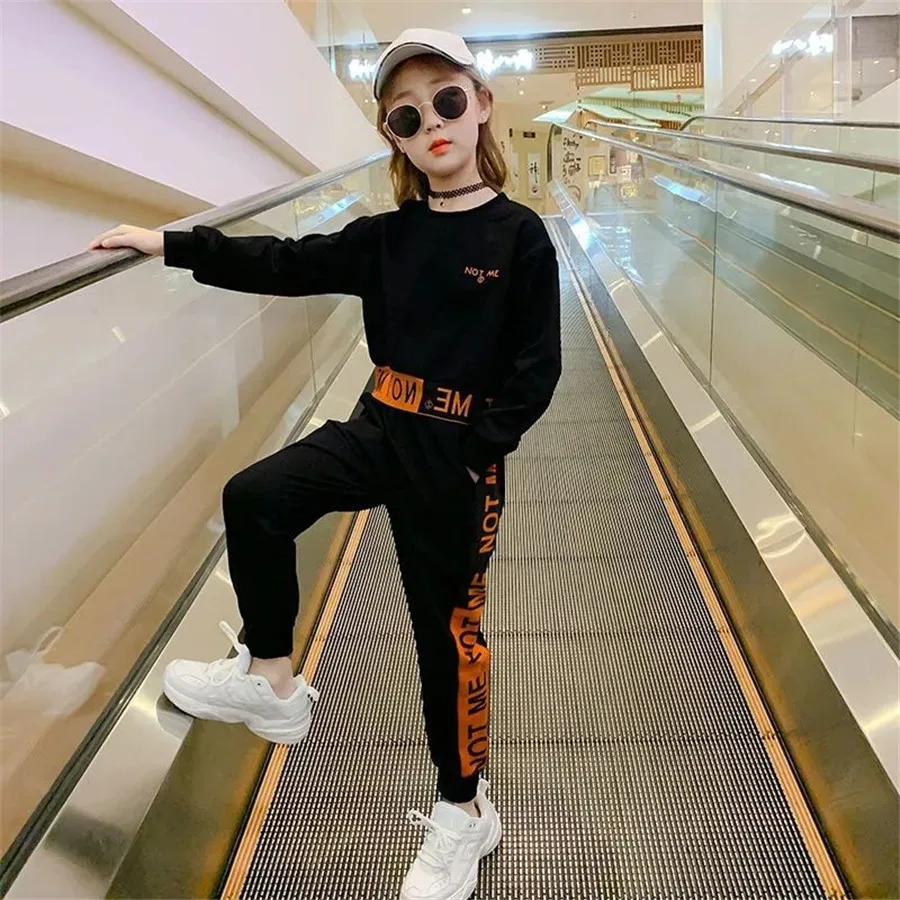 2024 autumn Kids Girls Tracksuit Letter Long Sleeve Sweatsuit Teenager hoodie + striped pants Clothing Set  4 6 8 10 12 Years