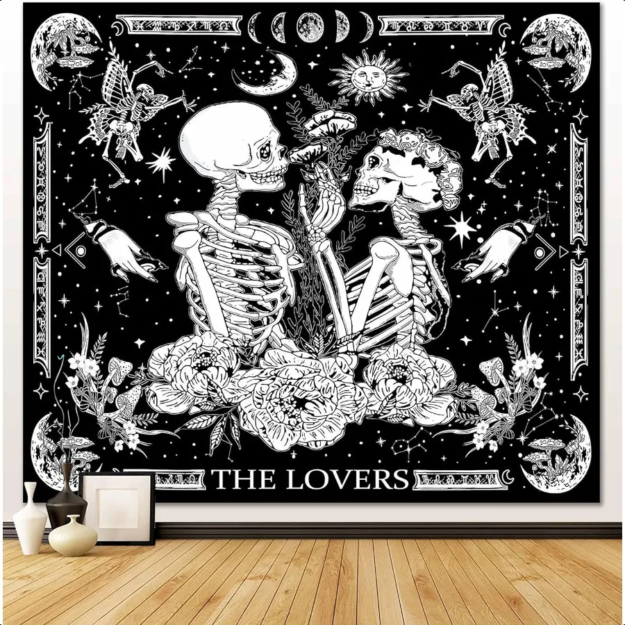 

The Lovers Skull Wall Tapestry Mushroom Wall Tapestries Black and White Skeleton Gothic Grunge Dark Witchy Wall Hanging Decor T