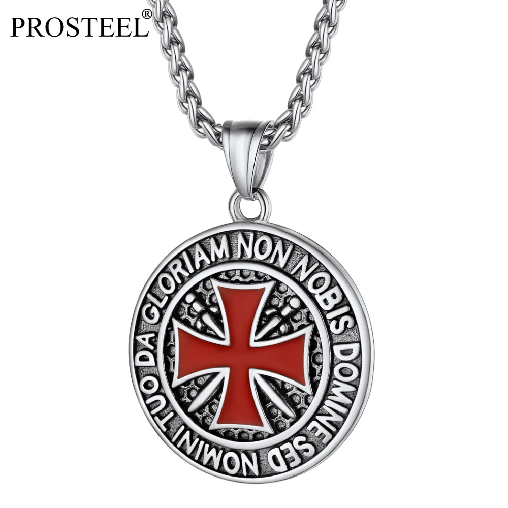 Prosteel Stainless Steel Templar Round Pendant Necklaces for Men Custom Engraving Knights Cross Amulet Christian Jewelry Gift