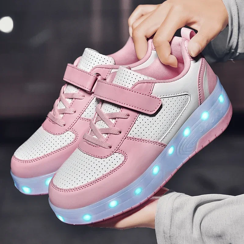 High Quality Skate Shoes for Kids Fashion LED Light Luminous Sneakers Children Two Wheels Shoes for Boys Girls with USB Charging