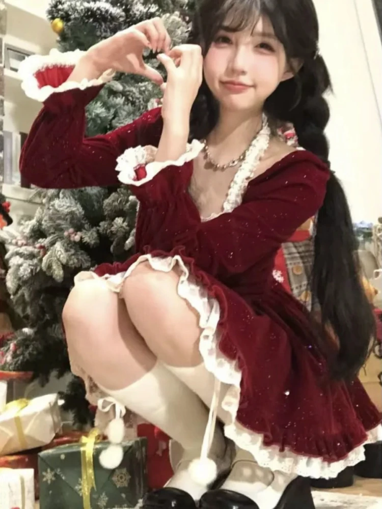 Autumn Winter Large Size Girl French Sweet Girl Christmas Dress Elegant Square Neck Long Sleeves High Waist Age-reducing Dresses