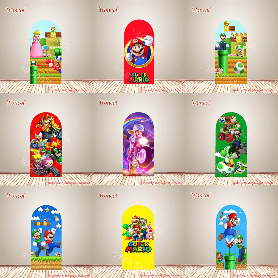 Super Mario Arch Backdrop Mario Luigi Princess Peach Backdrop Polyester Double-Sided Super Mario Bros Birthday Arch Cover Decor