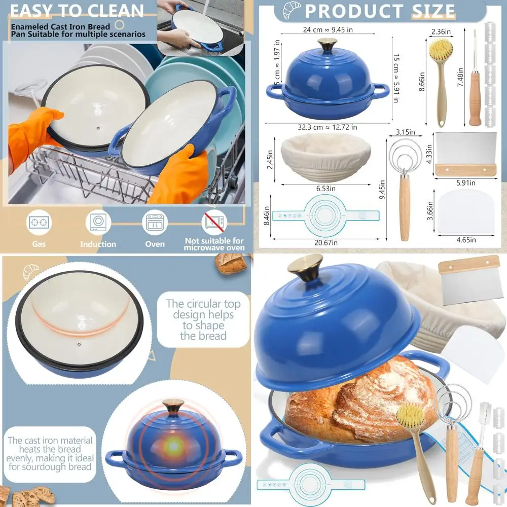 

4-Quart Blue Enamel Cast Iron Dutch Oven Set with Lid and Bread Proofing Basket for Sourdough Baking and Roasting