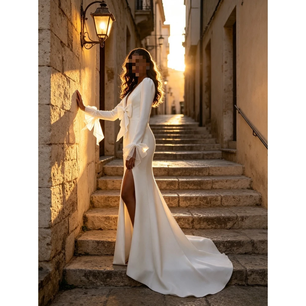 Customized Romantic Long Sleeved V-neck Satin Mermaid Wedding Dress 2026 Bow High Seam Elegant Bridal Gown Suitable for Gardens