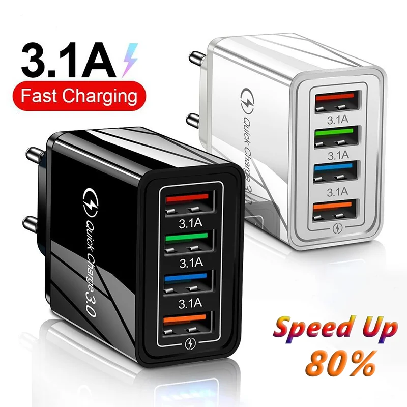 4 Ports USB Charger Quick Charge 3.0 For iPhone Samsung Xiaomi Tablet Wall Mobile Phone Charger Adapter EU US Plug Fast Charging