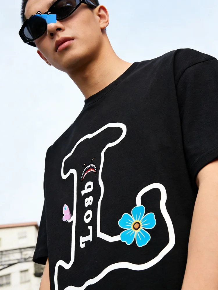 Camiseta de Manga Corta de Algodón Puro Losb Heavyweight con Estampado de Boca de Tiburón Blanca, Estilo Urbano Unisex, Cómod...