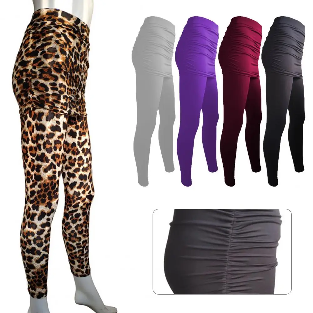 Falso duas peças leggings calças finas leggings calças femininas pacote hip saia plissada senhoras cor sólida saco quadril lado calças S-XXXL