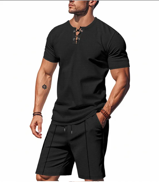 American Style Waffle Knit Two Piece Outfit Men Lace Up Henley T Shirt Drawstring Shorts Summer Casual Set - view 6
