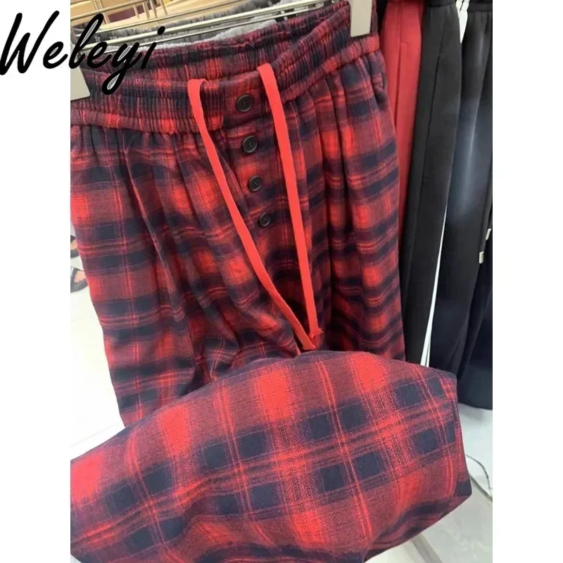 

Fashion Plaid Wide-leg Pants Women's Clothes 2024 Spring and Autumn England Style Woman Loose Versatile High-waisted Sweatpants