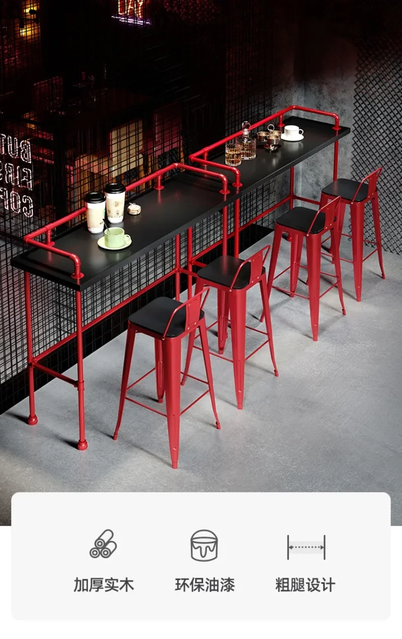 Industrial air duct bar table bar milk tea shop household wall solid wood long table wrought iron high table and chair