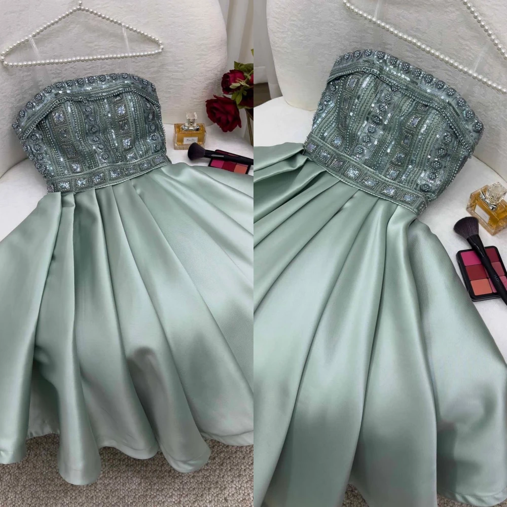Customized Sparkle Prom Sexy Casual Strapless A-line Party Dress Beading Draped Anke length Charmeuse Evening