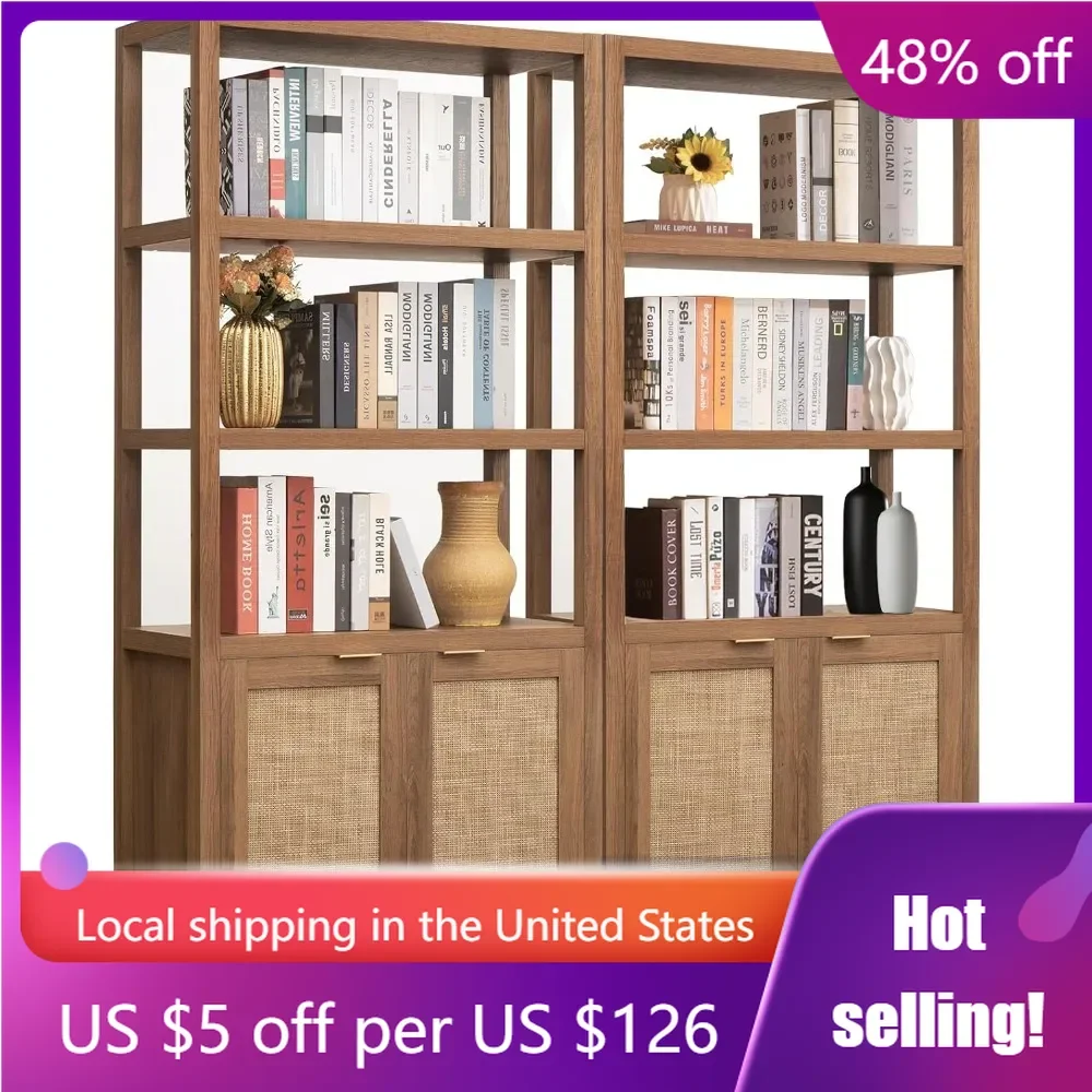 

Bookshelf 5 Tier Book Shelf Rattan Boho Tall Bookcase Doors Storage Wood Shelves Large Bookshelves Farmhouse Bookcases Oak 2PCS