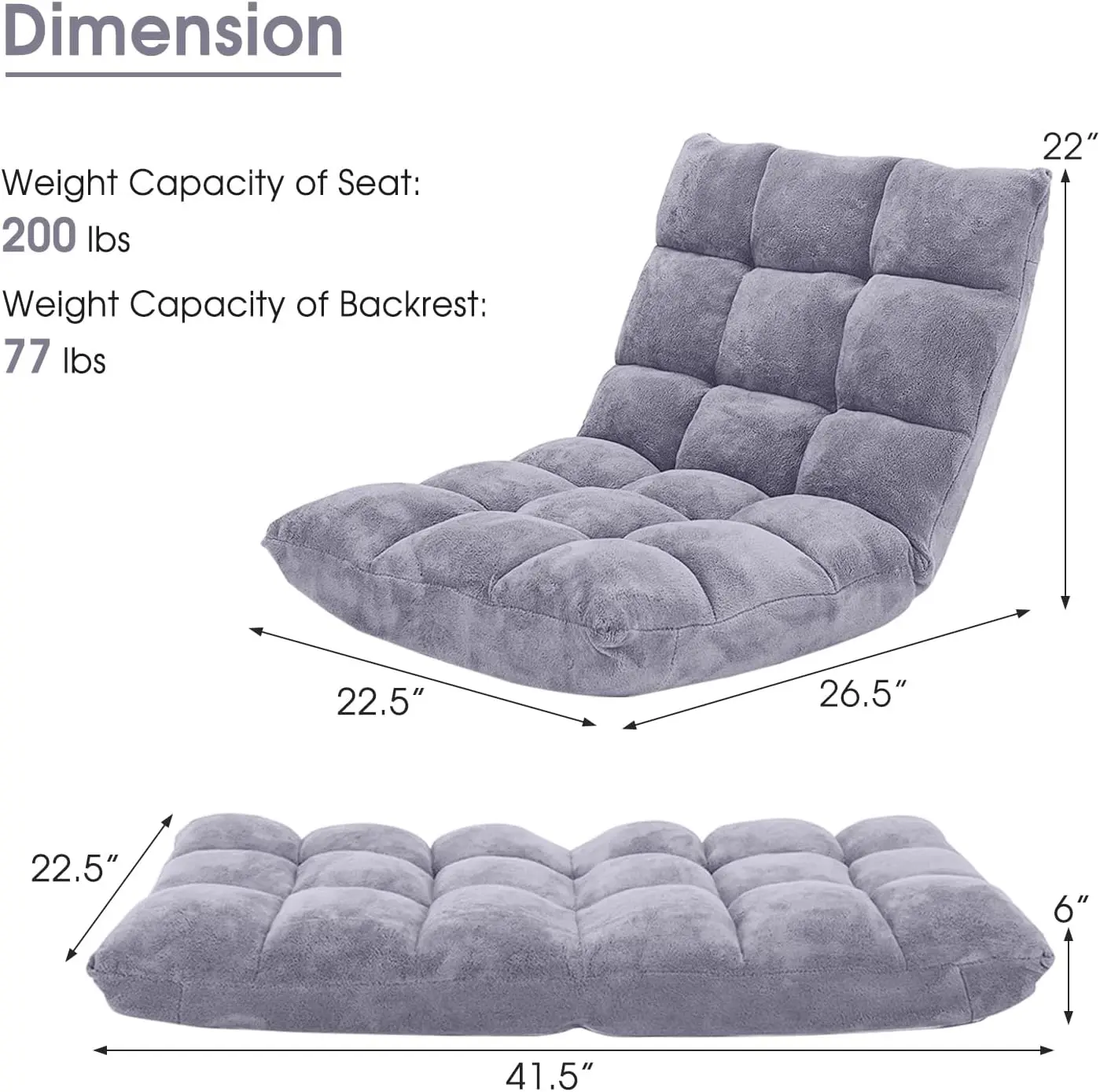 Cadeira de chão com suporte para as costas, sofá dobrável com 14 posições ajustáveis, cama acolchoada, sofá reclinável, jogos no chão