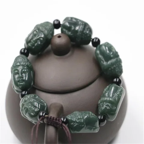 Natural Green Jade Bracelet Men Women Fine Jewelry Genuine Hetian Jades Nephrite Guanyin Head Beads Adjustable Bracelets Bangle