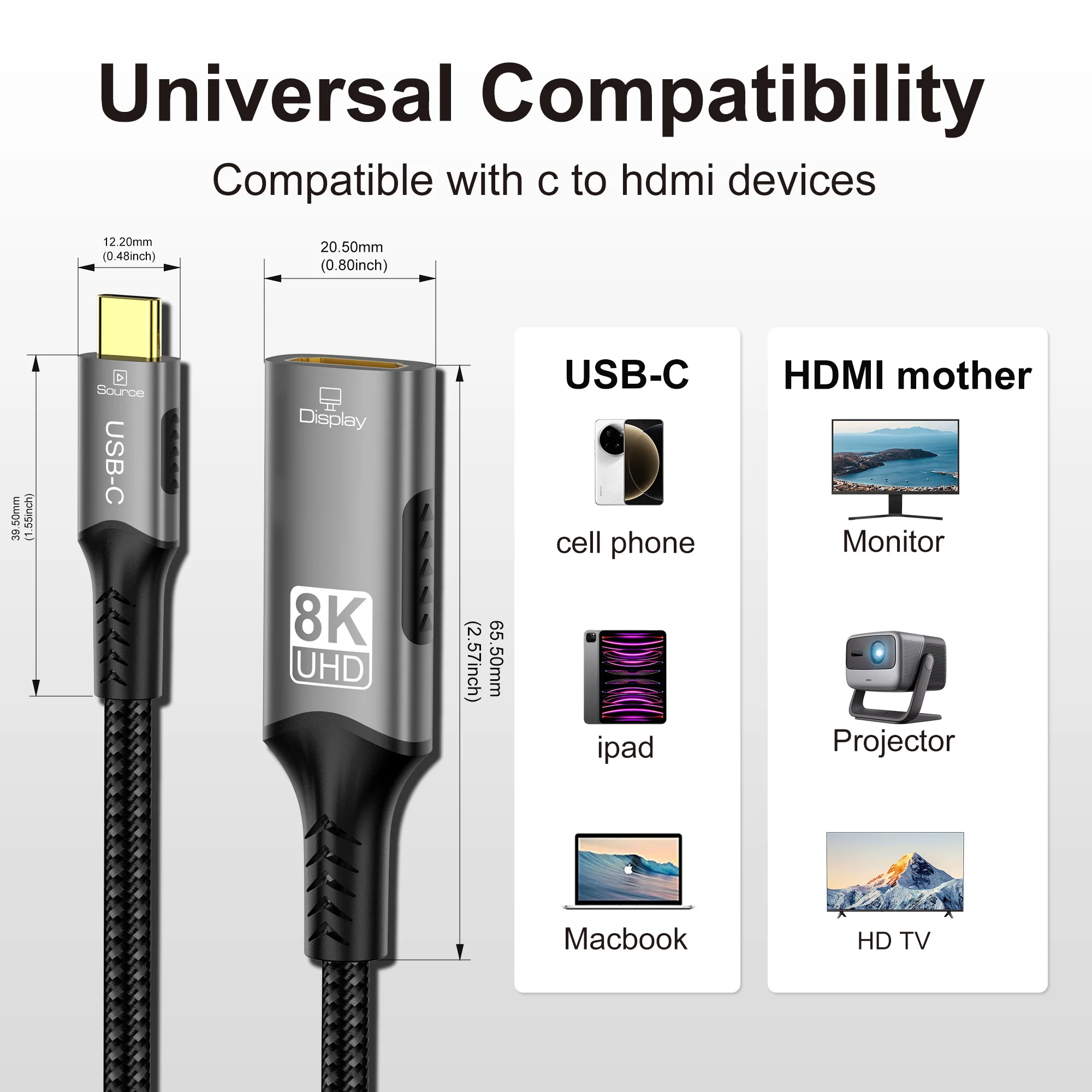 8K@60Hz Type C to HDMI Converter Cable Thunderbolt 3/4 Compatible for iPad Pro/Dell XPS/Surface - Image 3
